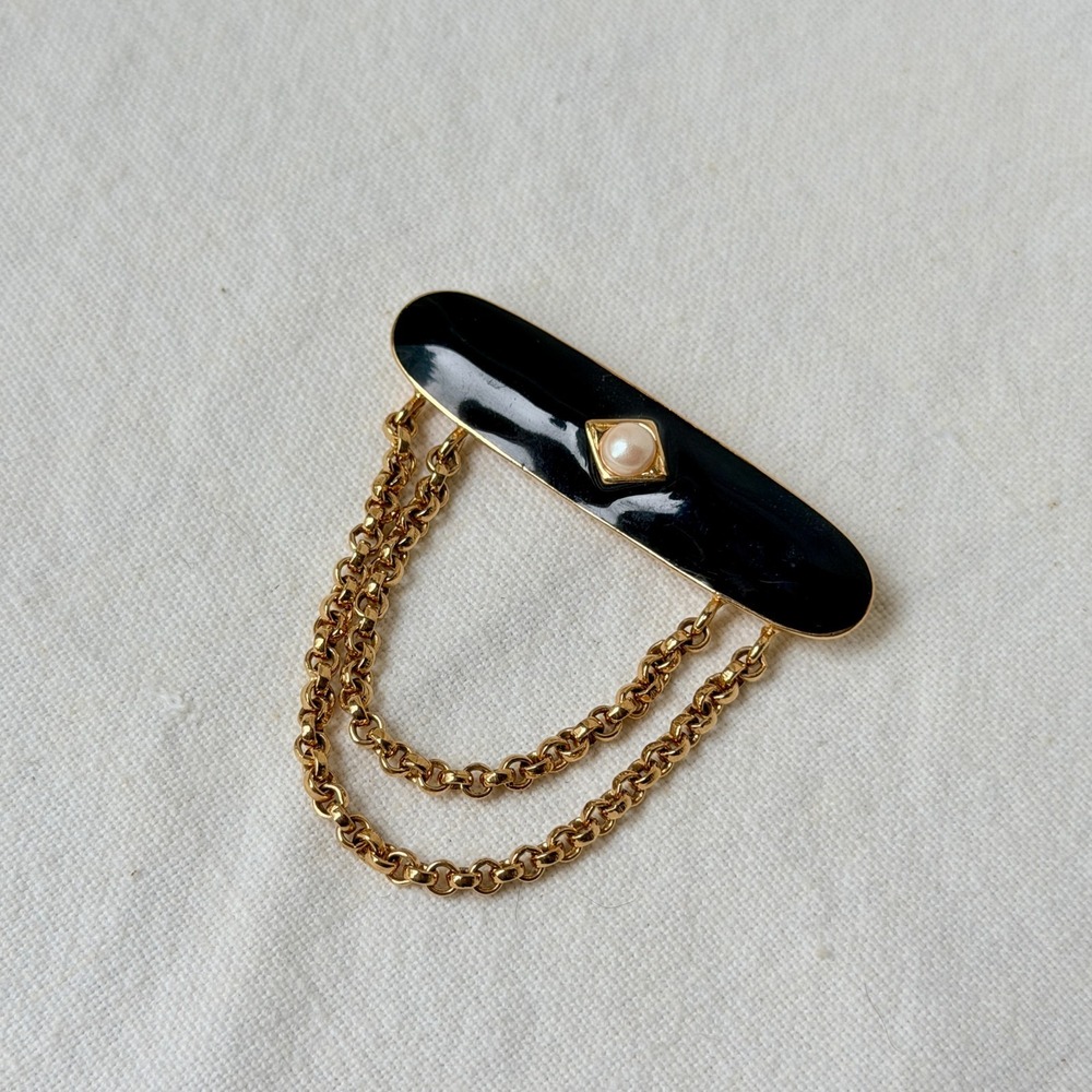 Vintage Monet Black Enamel Faux Pearl Bar Brooch Goldtone Double Dangle Chain